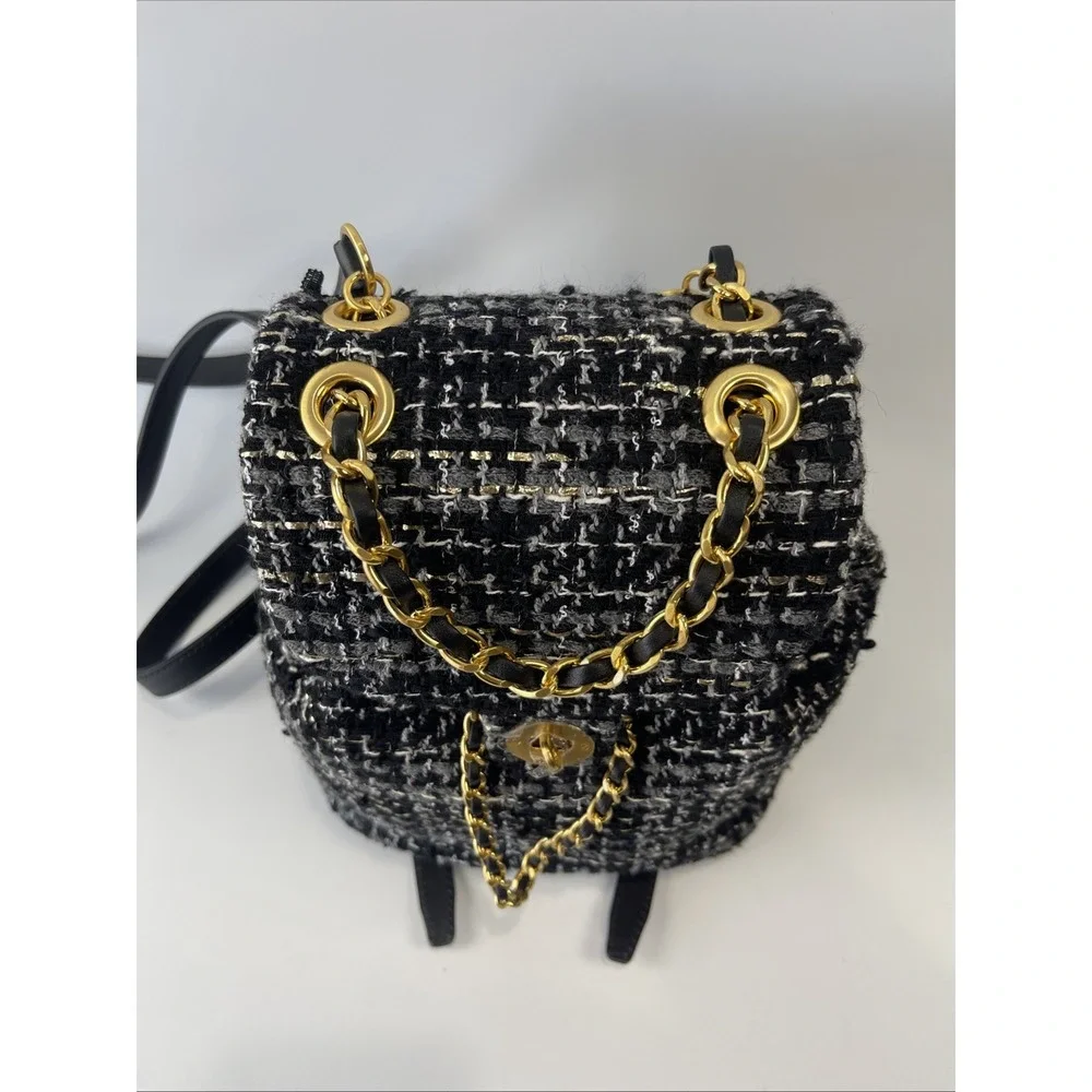 Billiontem Convertible‎ Mini Tweed Backpack/ Purse Black W/ Golden Chains